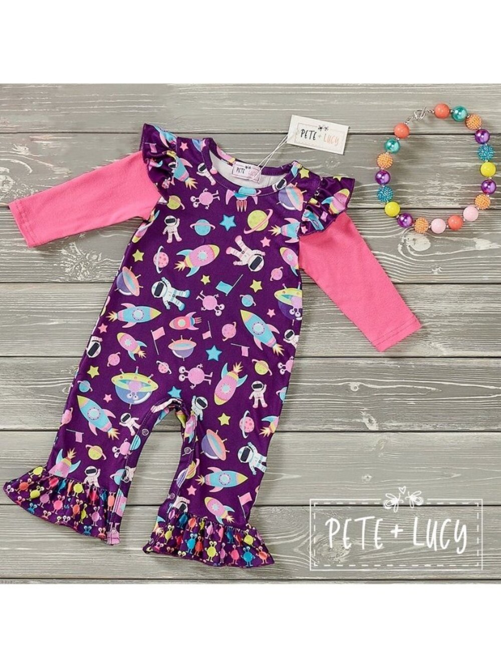 Pete + Lucy Romper 0-3 m Colorful Space Purple Planets Ruffles Girls Baby NEW